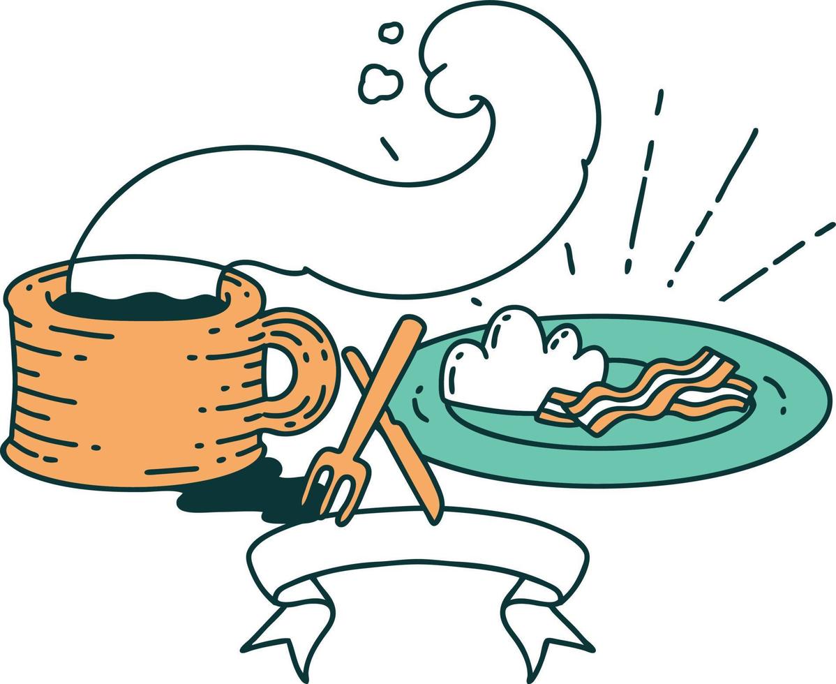 scroll banner with tattoo style breakfast and coffee vector