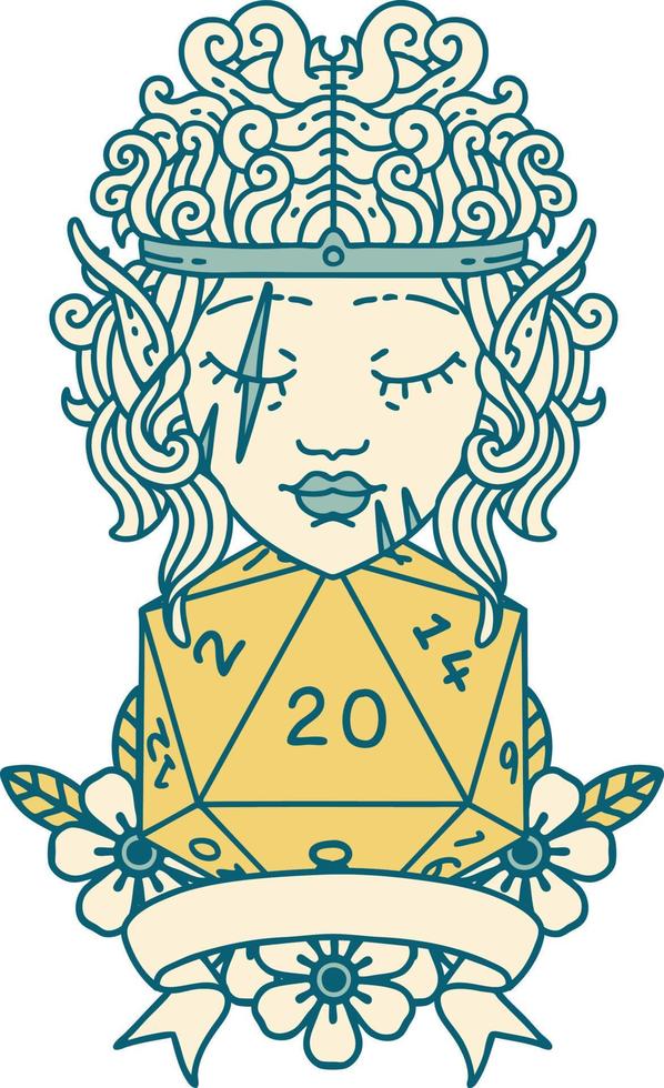 Retro Tattoo Style elf barbarian character with natural twenty dice roll vector