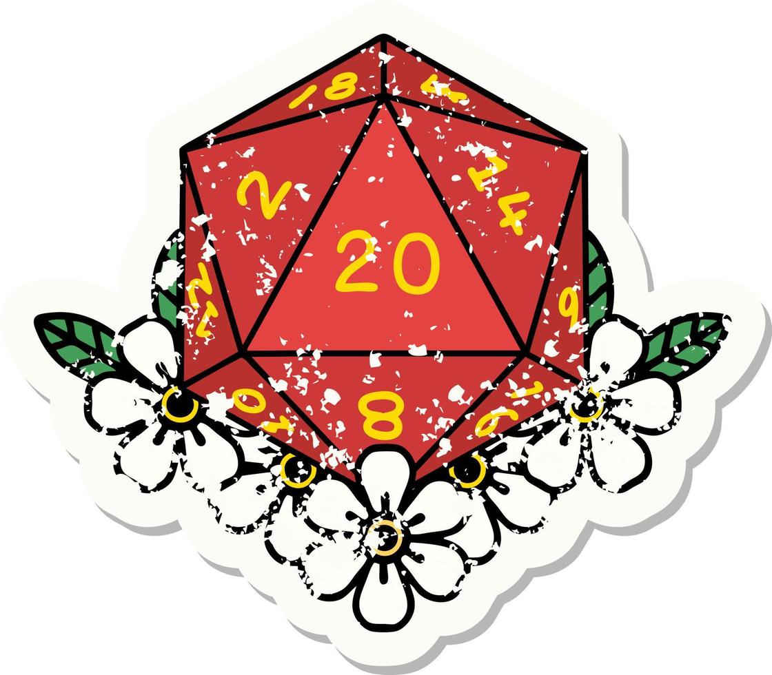 grunge sticker of a natural 20 D20 dice roll with floral elements vector