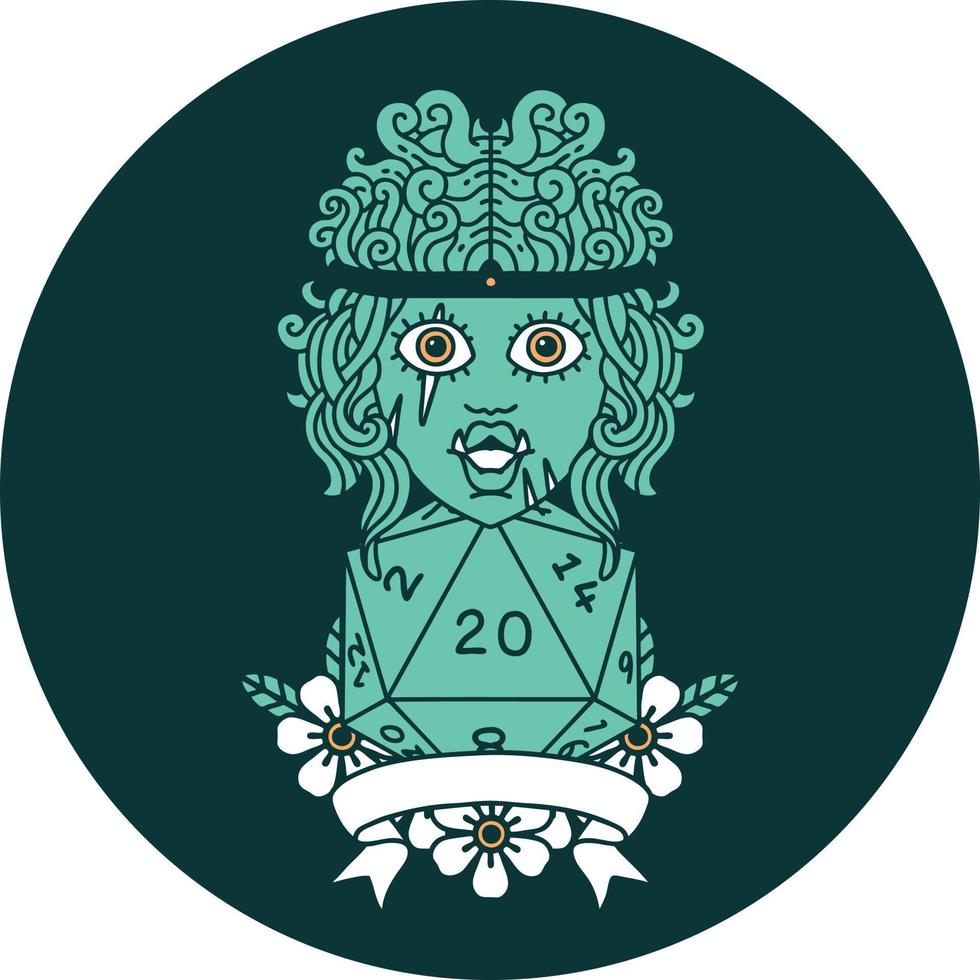 icon of half orc barbarian character with natural 20 dice roll vector