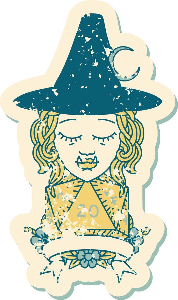 Retro Tattoo Style half orc witch character with natural 20 dice roll vector