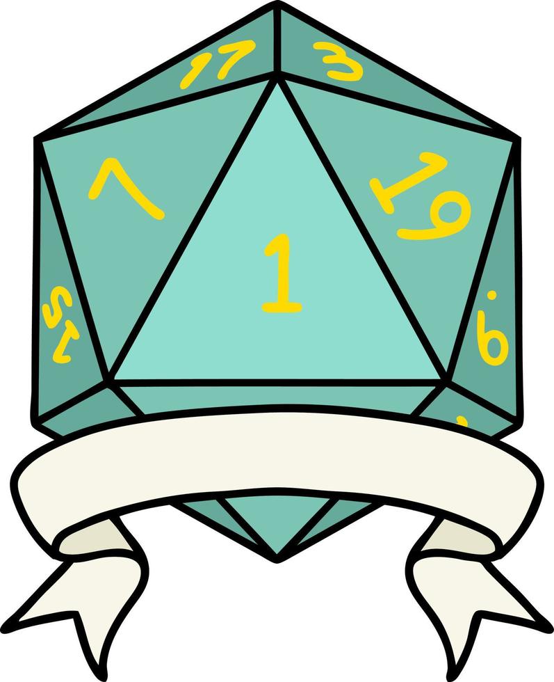 Retro Tattoo Style natural one d20 dice roll vector
