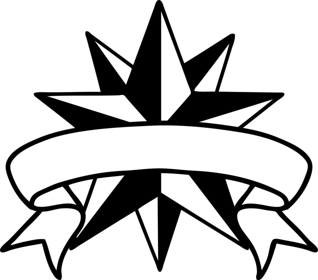 traditional black linework tattoo with banner of a star vector