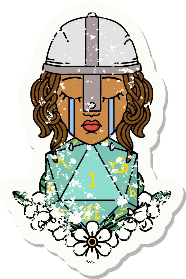 Retro Tattoo Style crying human fighter with natural one D20 roll vector