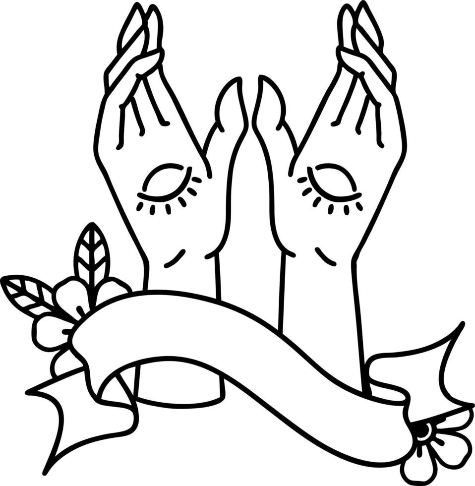 traditional black linework tattoo with banner of mystic hands vector