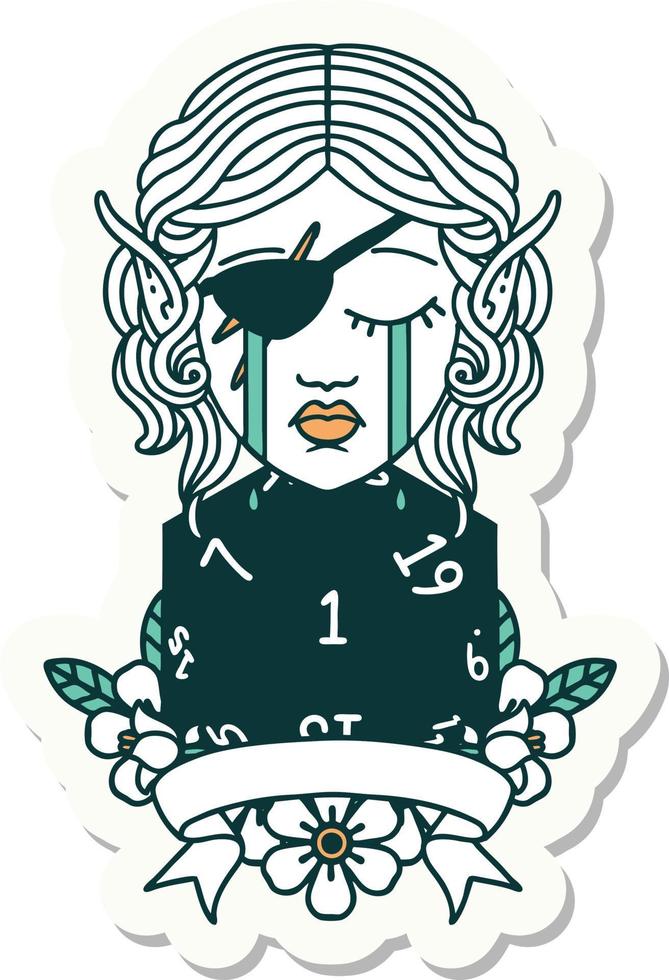 sticker of a crying elf rogue character with natural one D20 roll vector