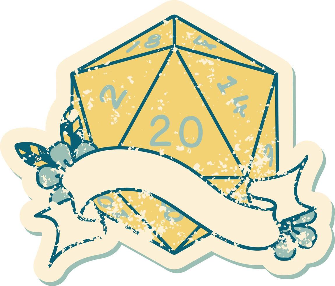 Retro Tattoo Style natural twenty D20 dice roll vector