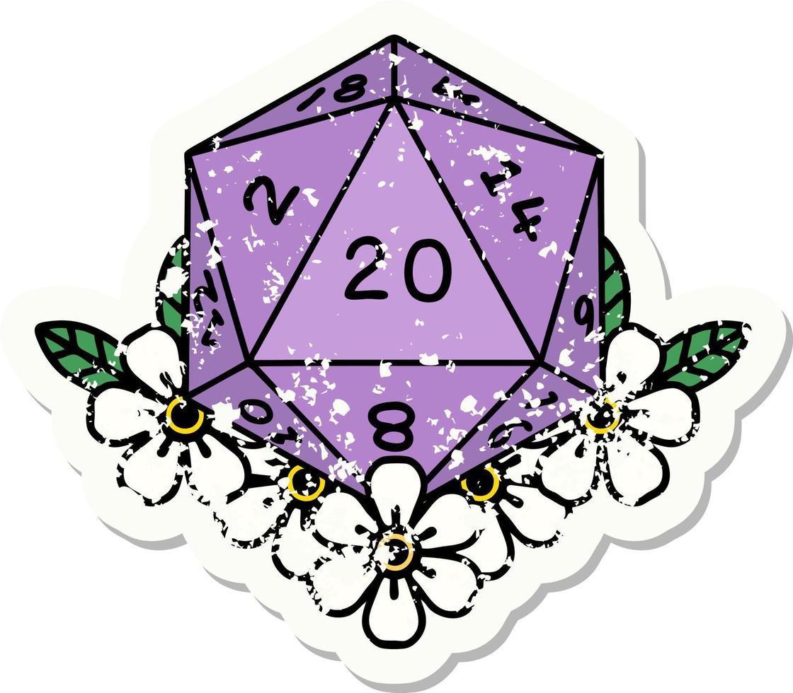 grunge sticker of a natural 20 D20 dice roll with floral elements vector