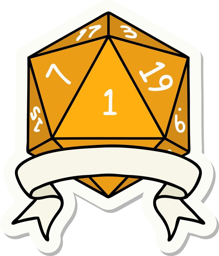 sticker of a natural one d20 dice roll vector
