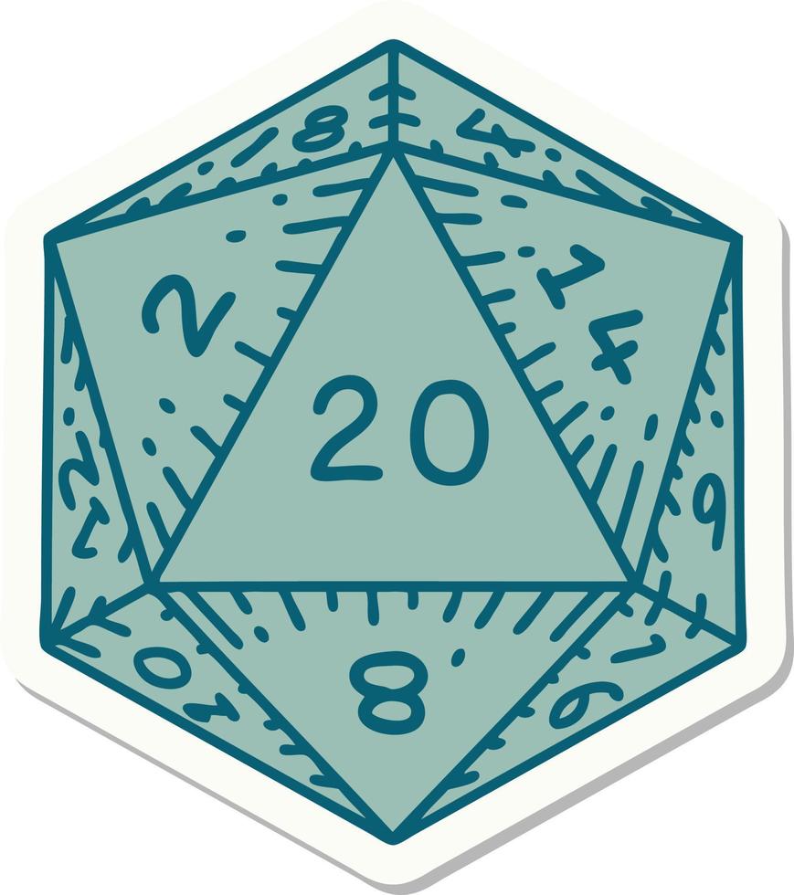 sticker of a natural 20 D20 dice roll vector