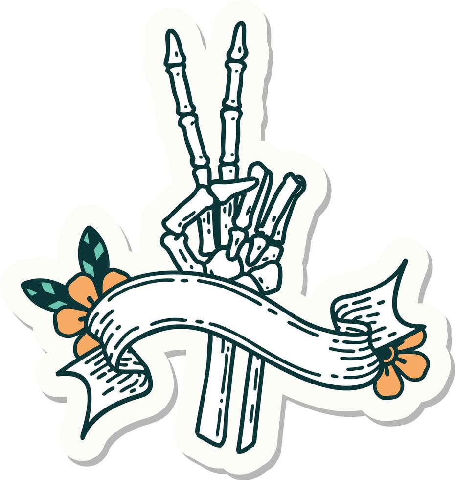 pegatina estilo tatuaje con pancarta de un esqueleto dando un signo de paz vector