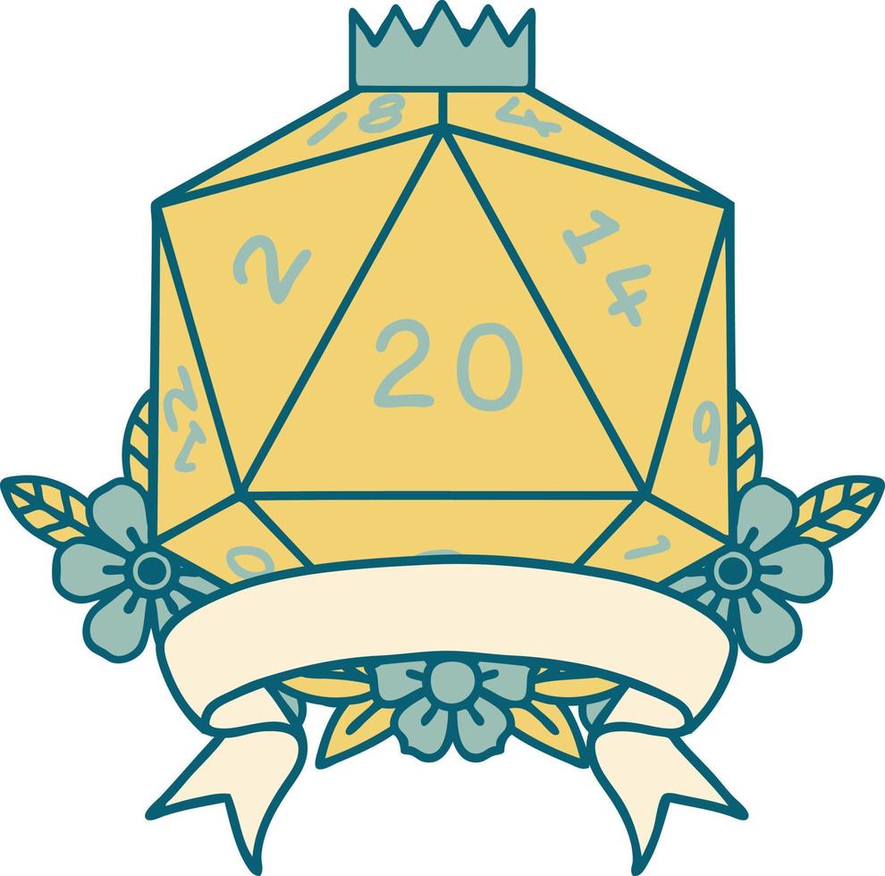 Retro Tattoo Style natural 20 critical hit D20 dice roll vector