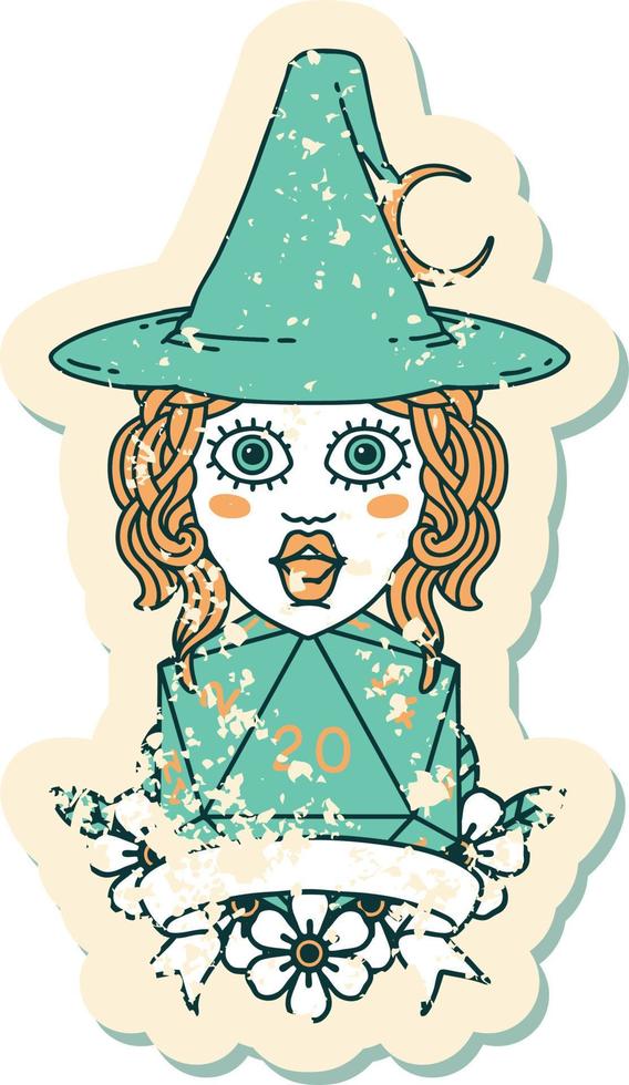 Retro Tattoo Style human witch with natural twenty dice roll vector
