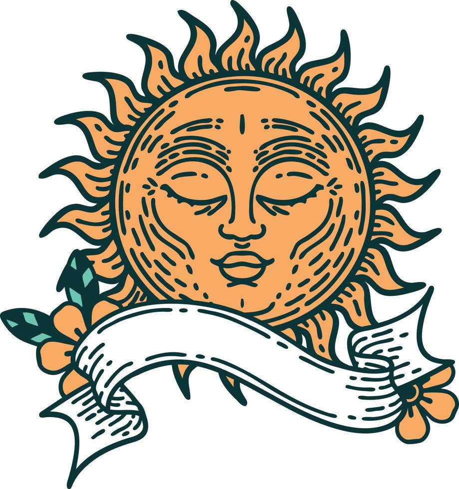 traditional tattoo with banner of a sun vector