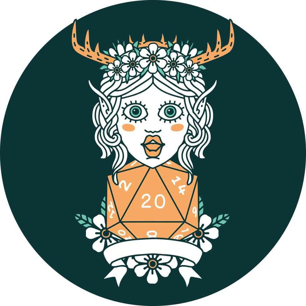 icon of elf druid character with natural 20 dice roll vector