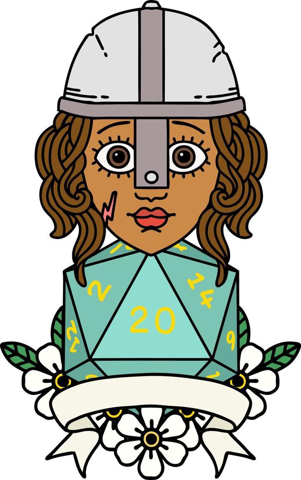 Retro Tattoo Style human fighter with natural 20 D20 roll vector
