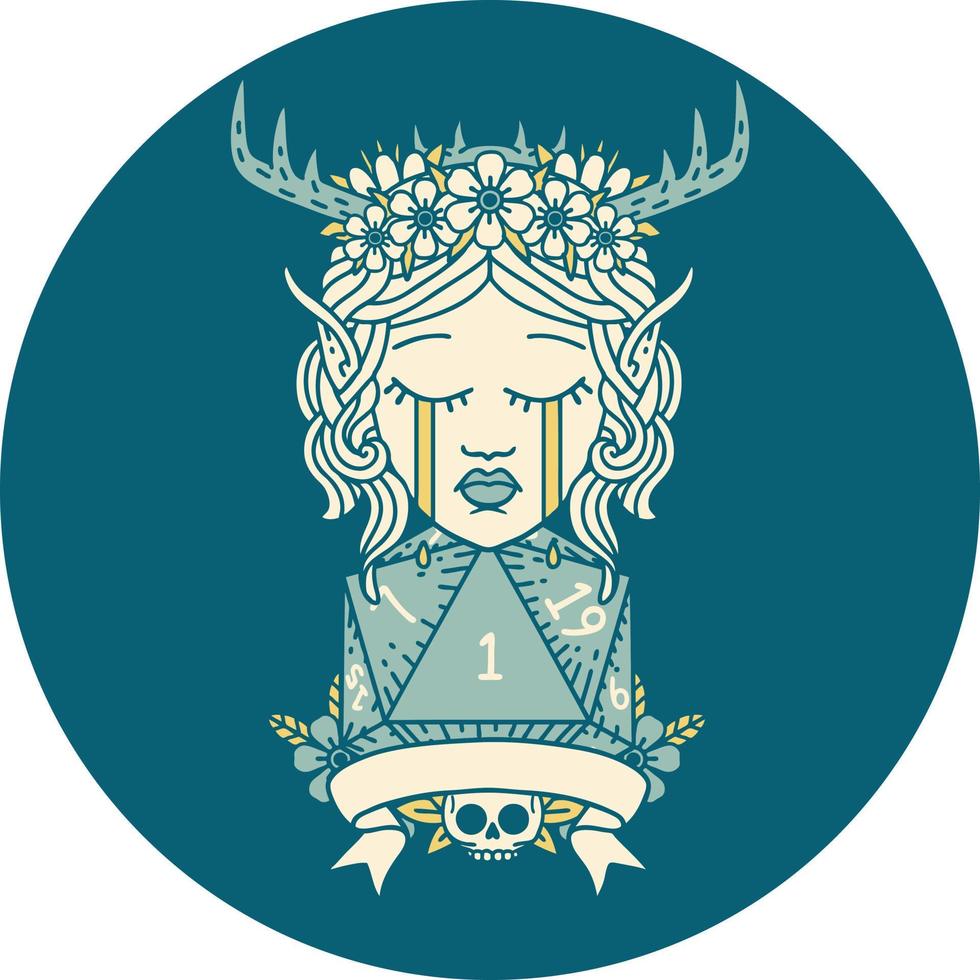 Retro Tattoo Style sad elf druid character face with natural one D20 roll vector