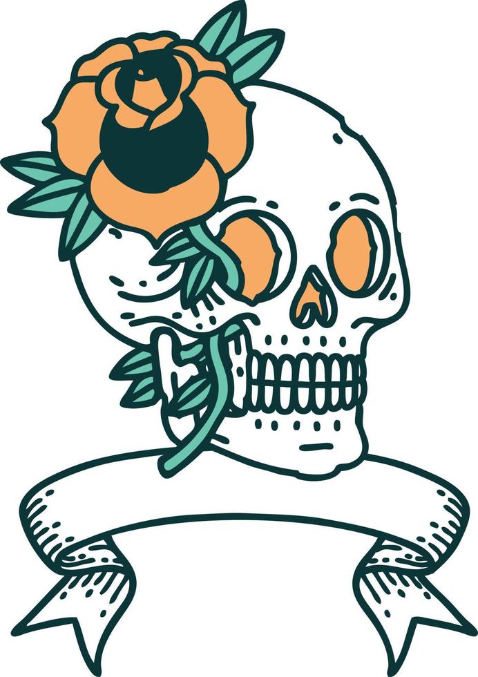 traditional tattoo with banner of a skull and rose vector