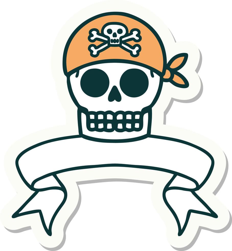 tattoo style sticker with banner of a pirate skull vector