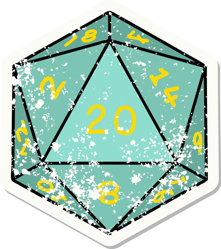 grunge sticker of a natural 20 D20 dice roll vector