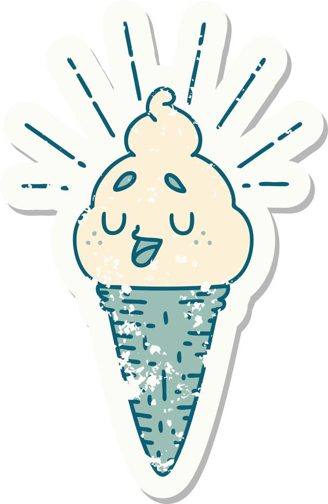worn old sticker of a tattoo style ice cream character vector