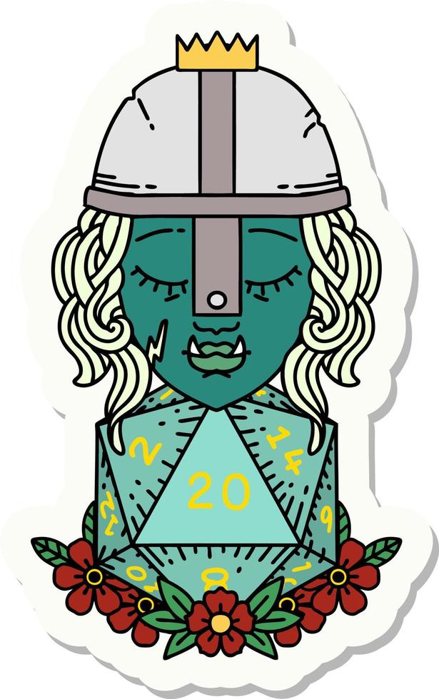 sticker of a orc fighter character with natural twenty dice roll vector