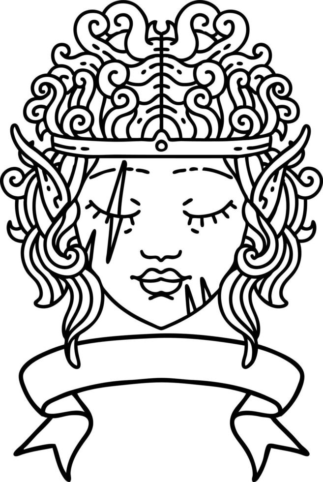 Black and White Tattoo linework Style elf barbarian character face with banner vector