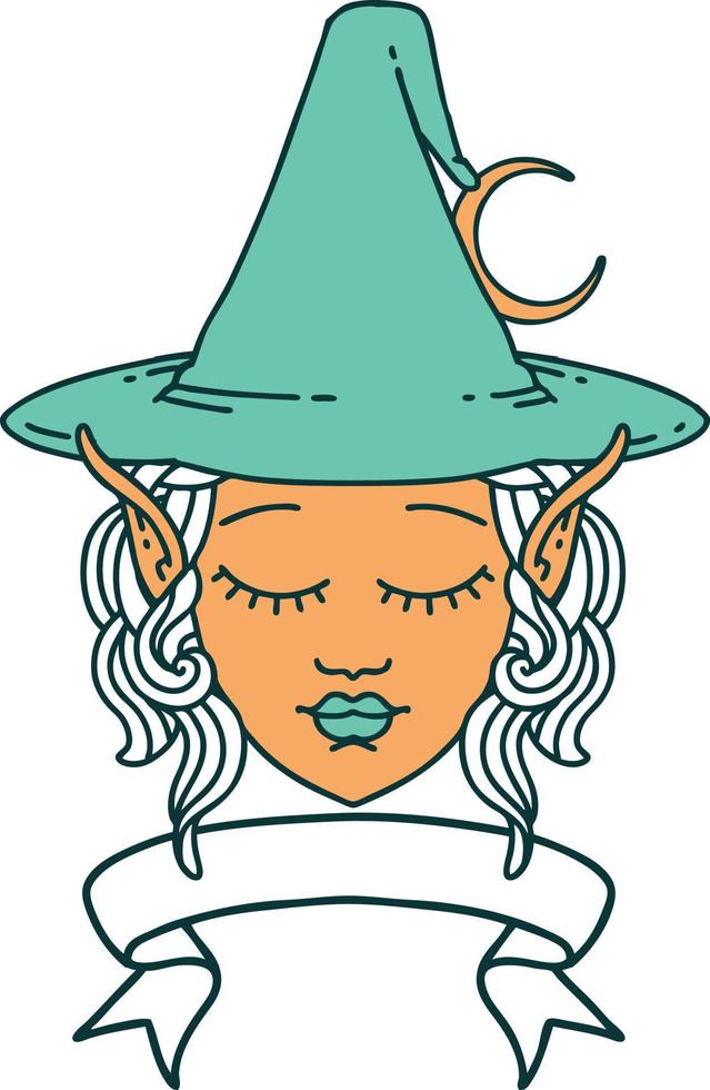 Retro Tattoo Style elf mage character face with banner vector