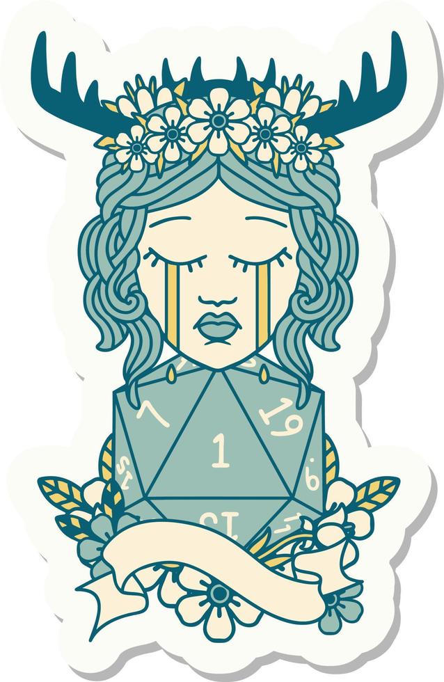 sticker of a crying human druid with D20 natural one roll vector