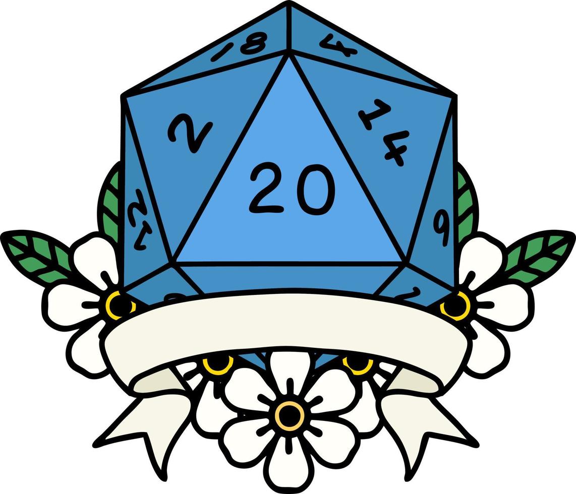 Retro Tattoo Style natural 20 critical hit D20 dice roll vector