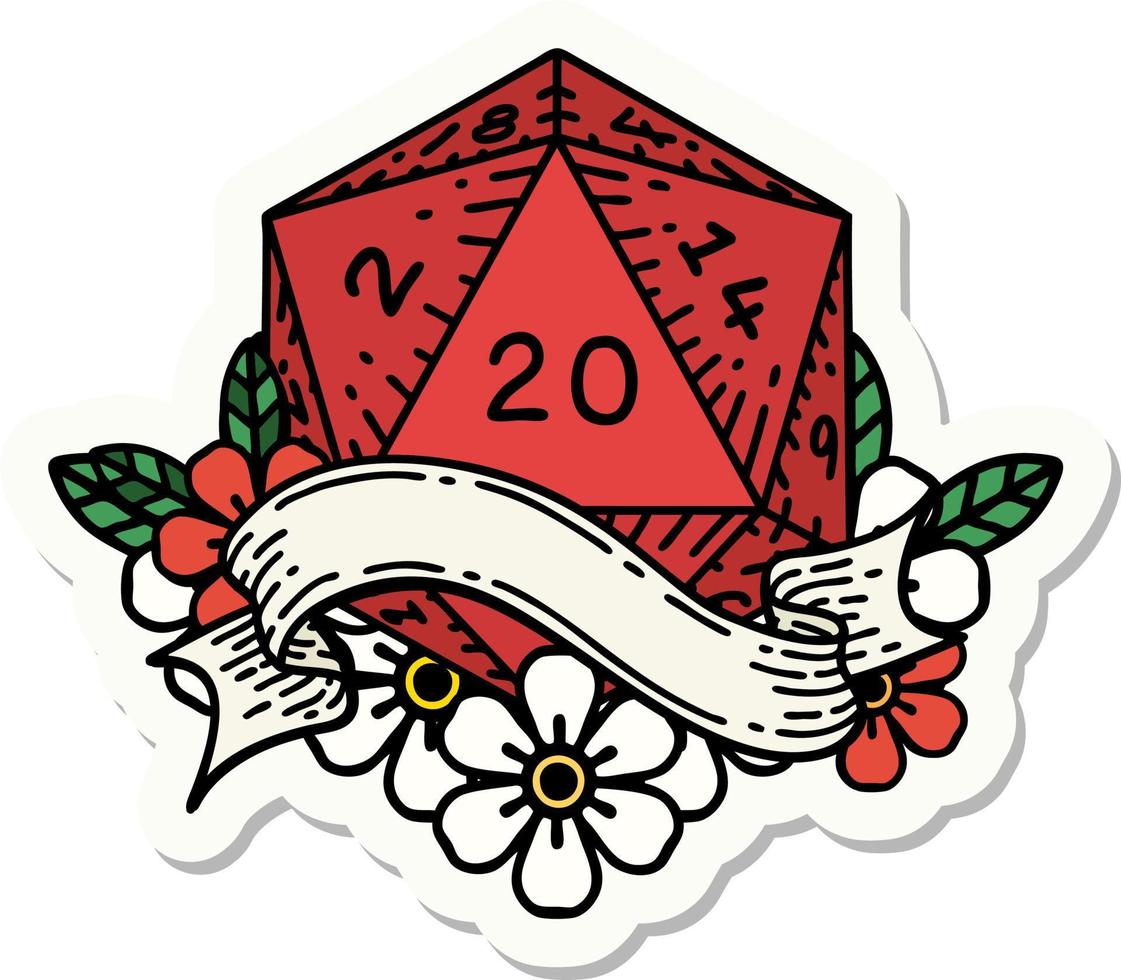 sticker of a natural twenty D20 dice roll vector