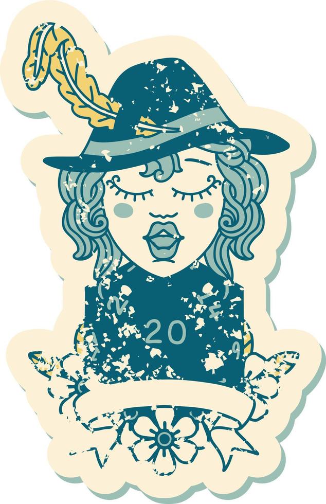 Retro Tattoo Style human bard character with natural 20 dice roll vector
