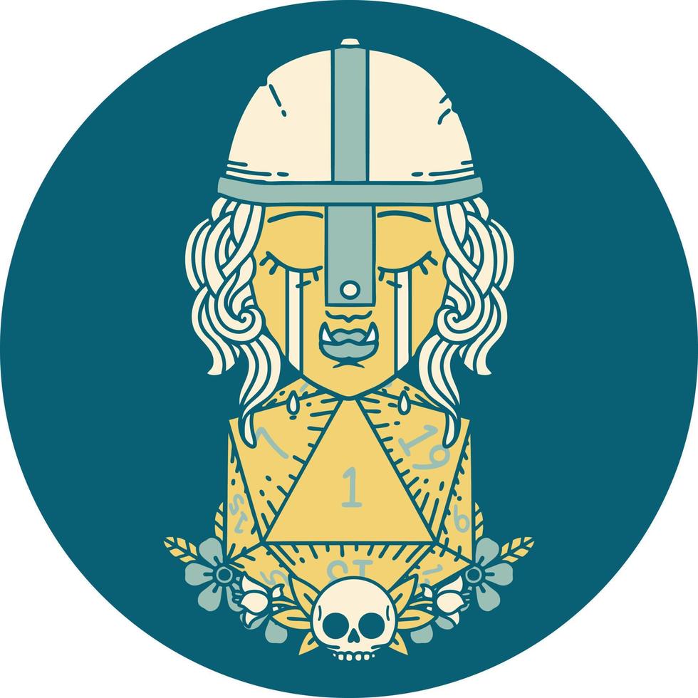 Retro Tattoo Style crying orc fighter character with natural one D20 roll vector