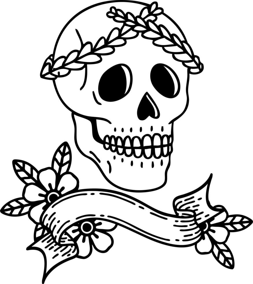 traditional black linework tattoo with banner of a skull with laurel wreath crown vector