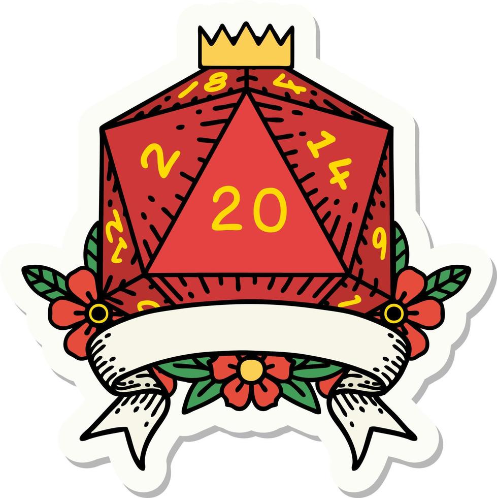 sticker of a natural 20 critical hit D20 dice roll vector