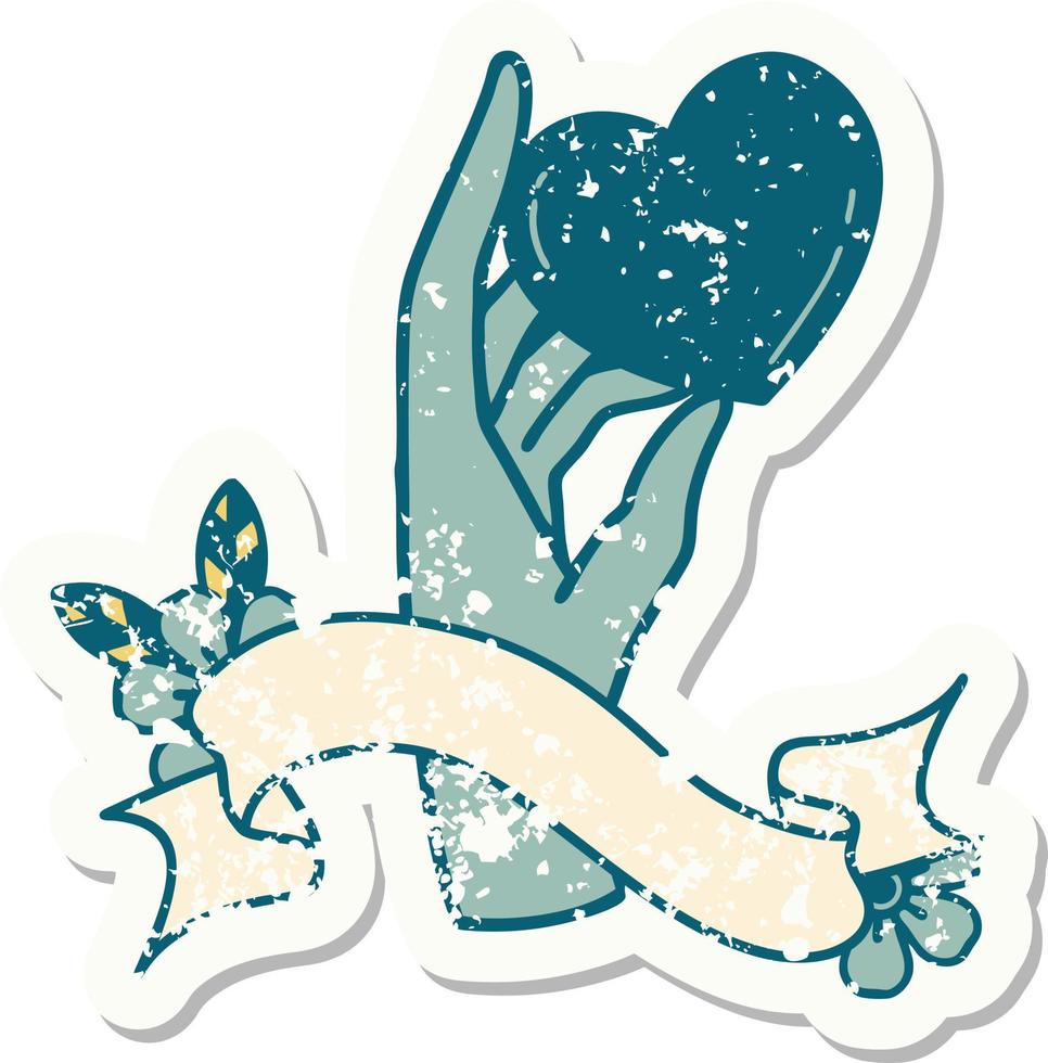 worn old sticker with banner of a hand holding a heart vector