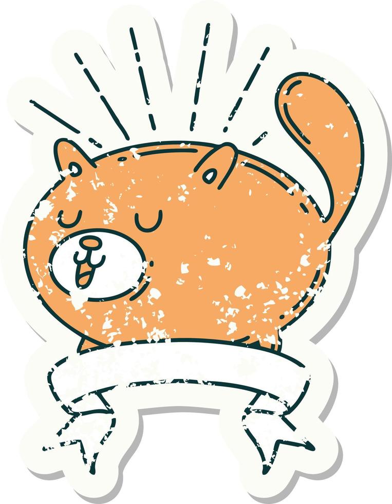 worn old sticker of a tattoo style happy cat vector