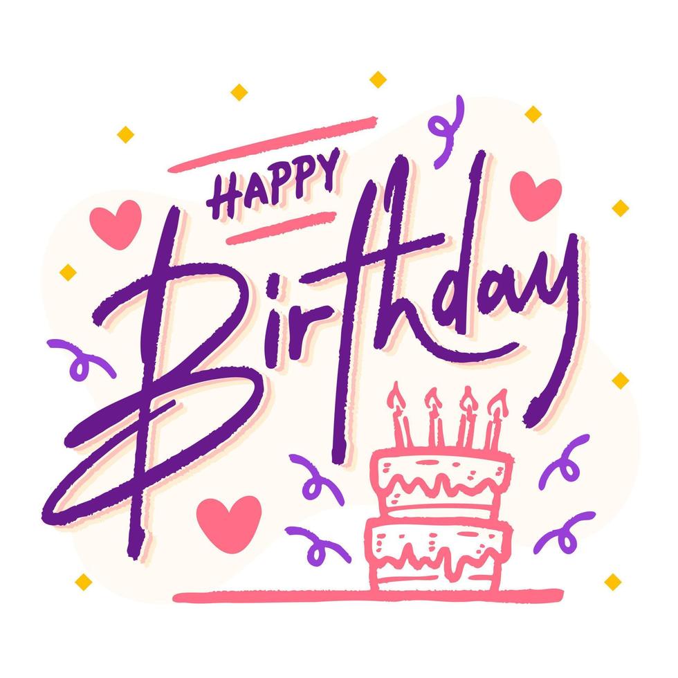 Happy birthday lettering with hand drawn cake heart and confetti on pink background vector
