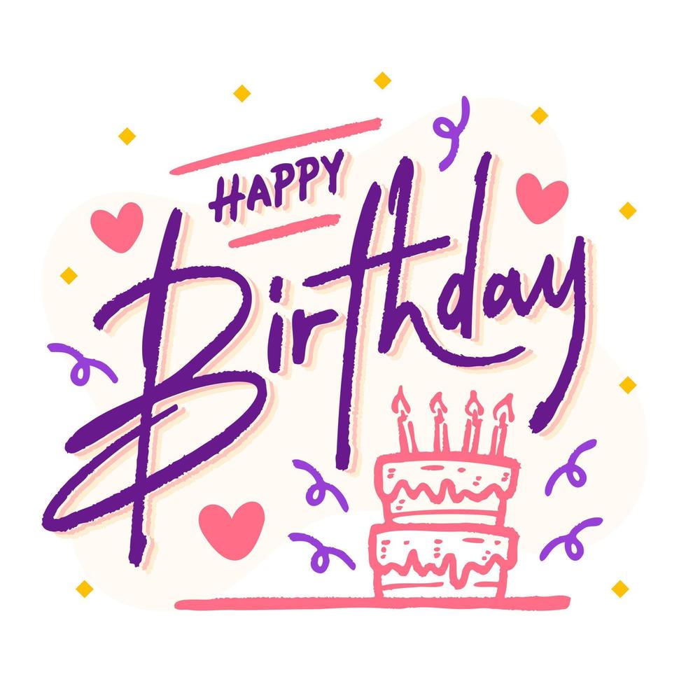 Happy birthday lettering with hand drawn cake heart and confetti on pink background vector