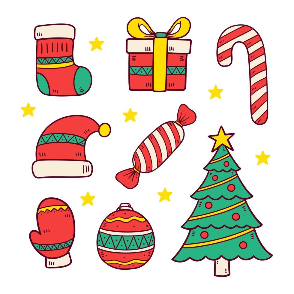 conjunto de elementos de navidad dibujados a mano en la ilustración de vector de estilo doodle