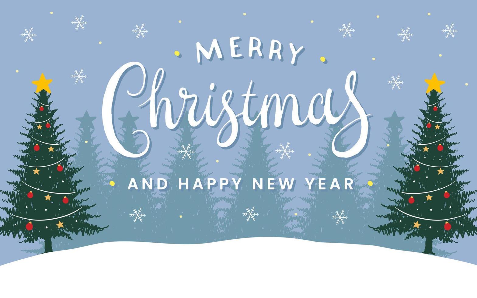 Merry christmas lettering with snow and pine trees background vector