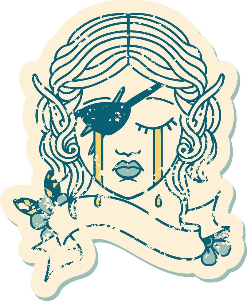 Retro Tattoo Style crying elf rogue character face vector