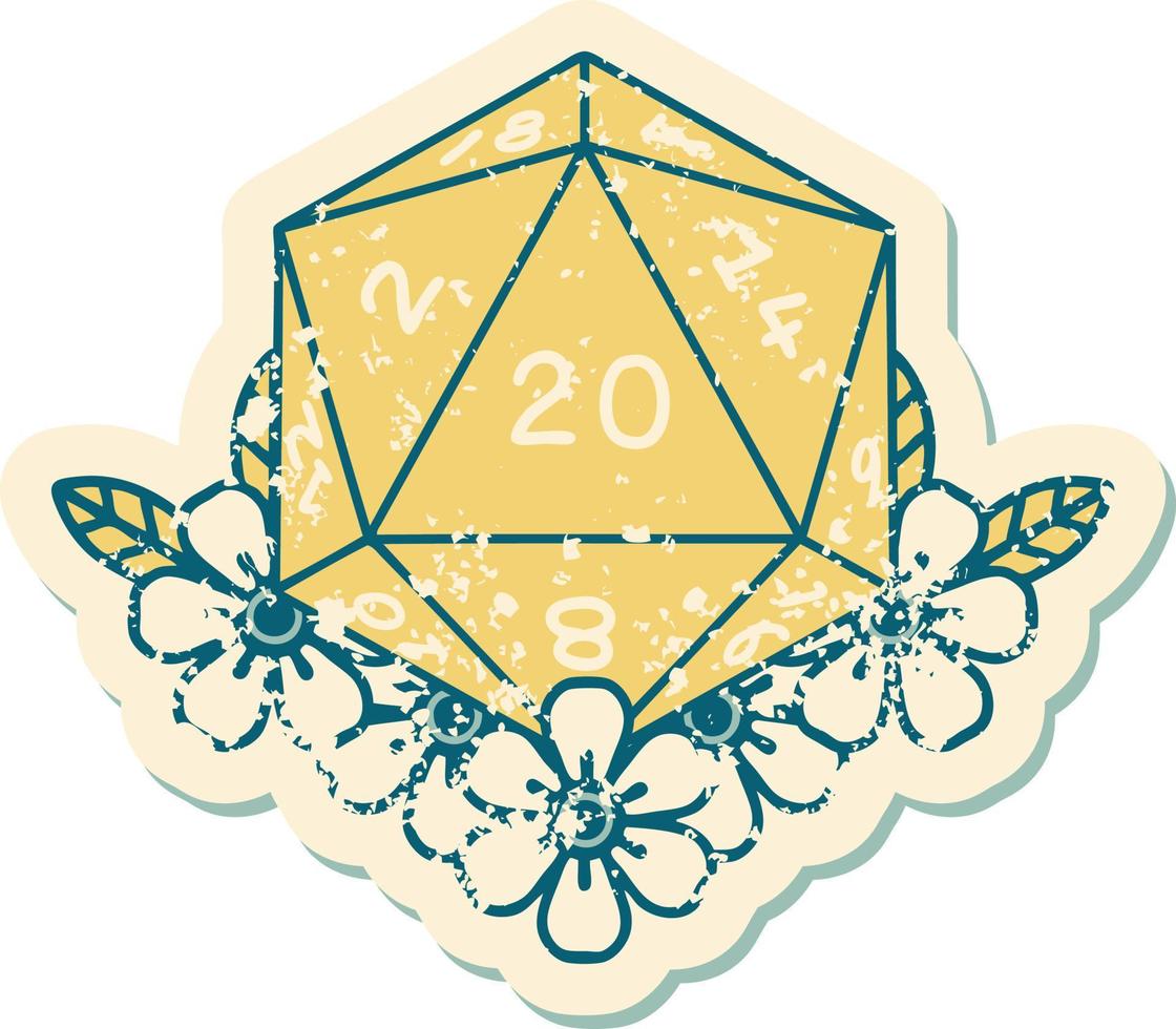 Retro Tattoo Style natural 20 D20 dice roll with floral elements vector