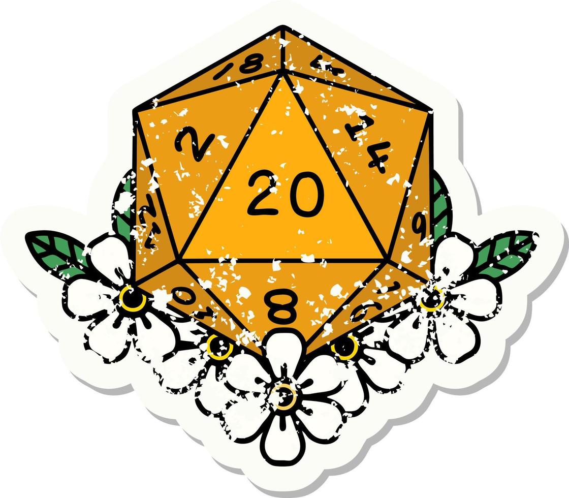grunge sticker of a natural 20 D20 dice roll with floral elements vector