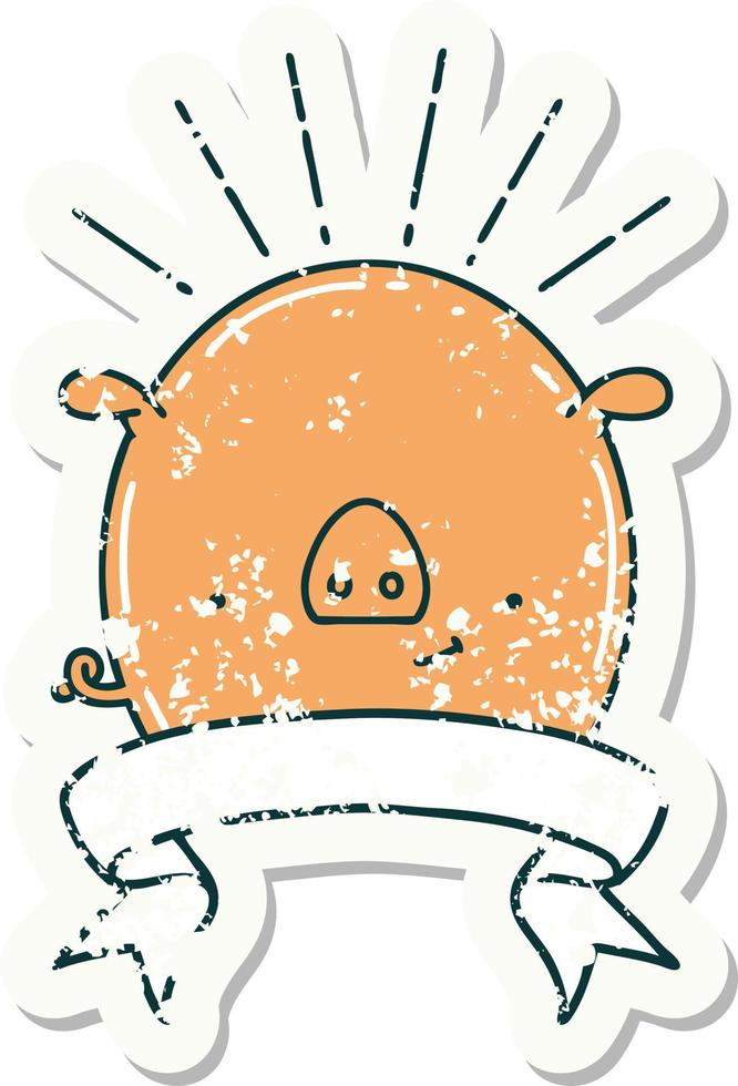 worn old sticker of a tattoo style pig character vector
