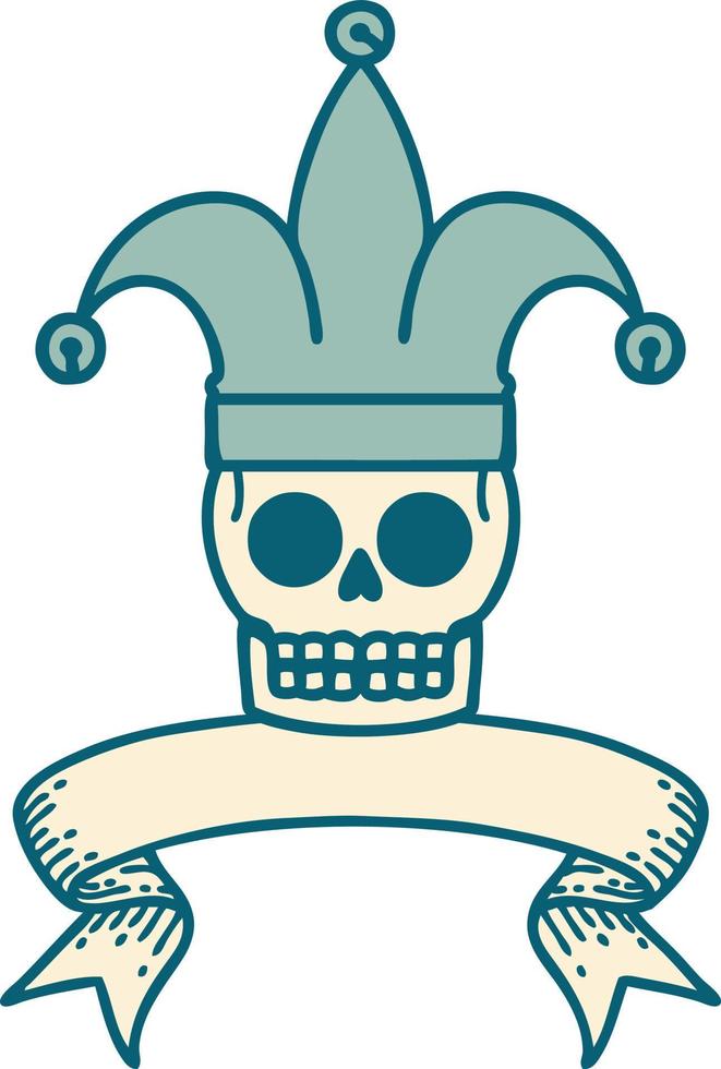 traditional tattoo with banner of a skull jester vector