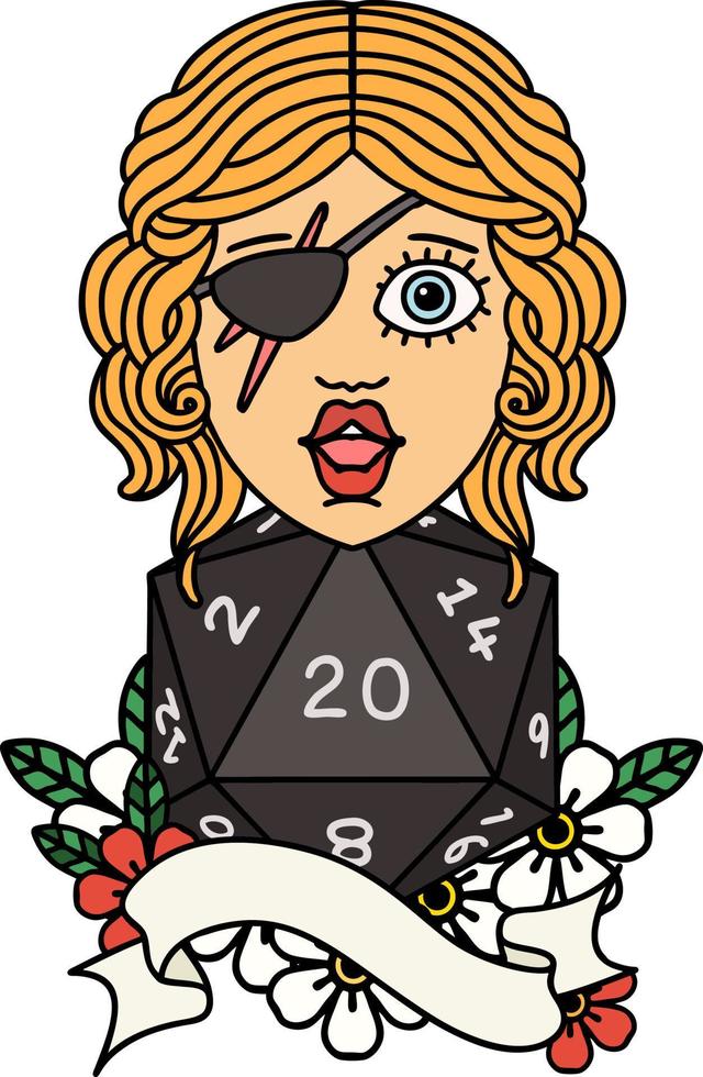 Retro Tattoo Style human rogue with natural 20 dice roll vector