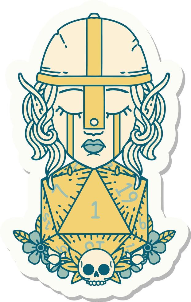 pegatina de un personaje luchador elfo triste con un rollo natural d20 vector