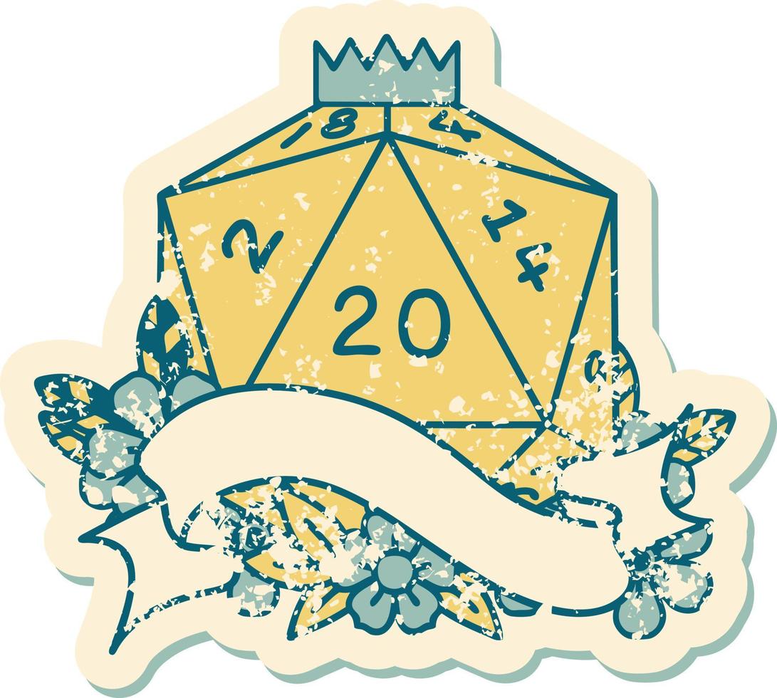 Retro Tattoo Style natural twenty D20 dice roll vector