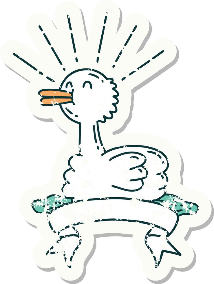 worn old sticker of a tattoo style swimming duck vector